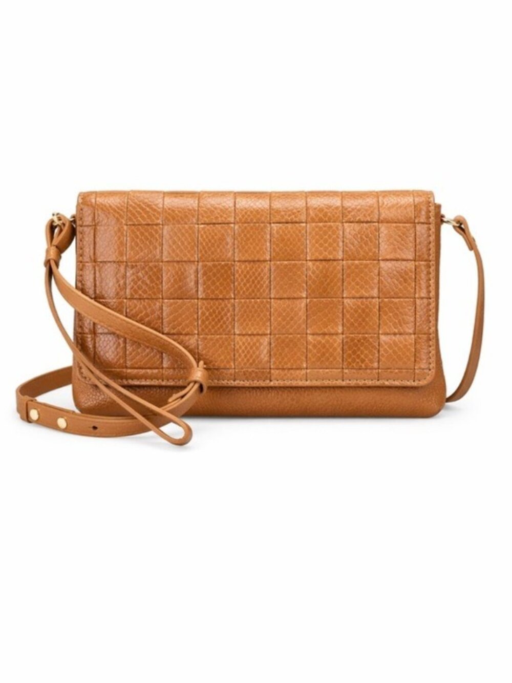 NWT Vince Camuto Leather Corah Crossbody Clutch Wristlet Bag Woven Cognac Camel